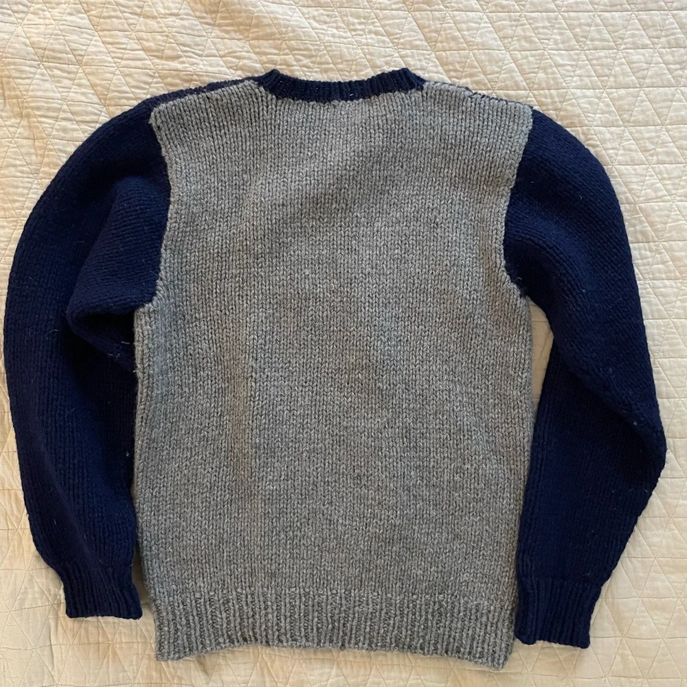 HAND KNITTED Vintage Crew Neck‎ Chunky Color Block Hand Knit Wool Sweater Size L